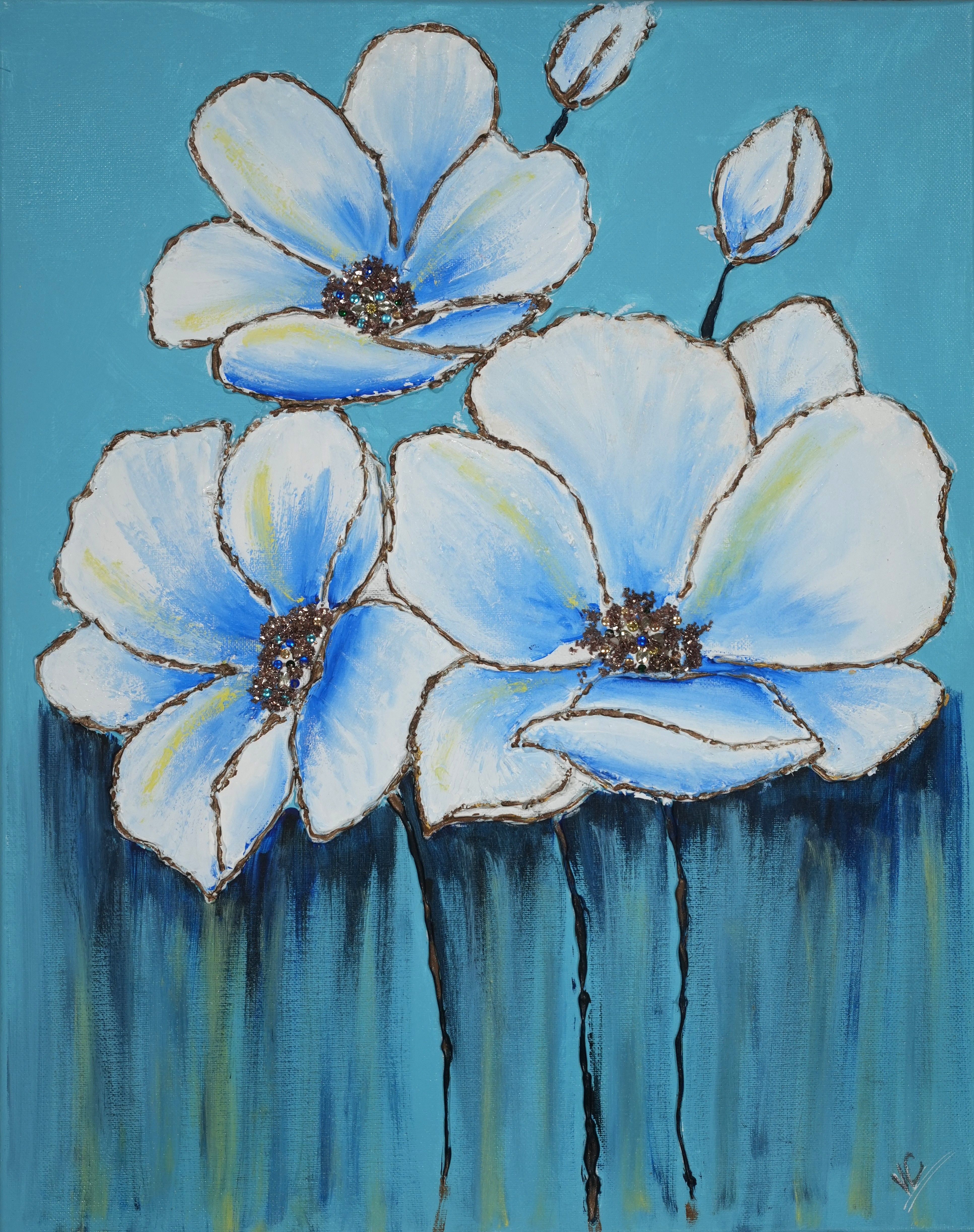 A white flower with vivid blue shading against a teal background.