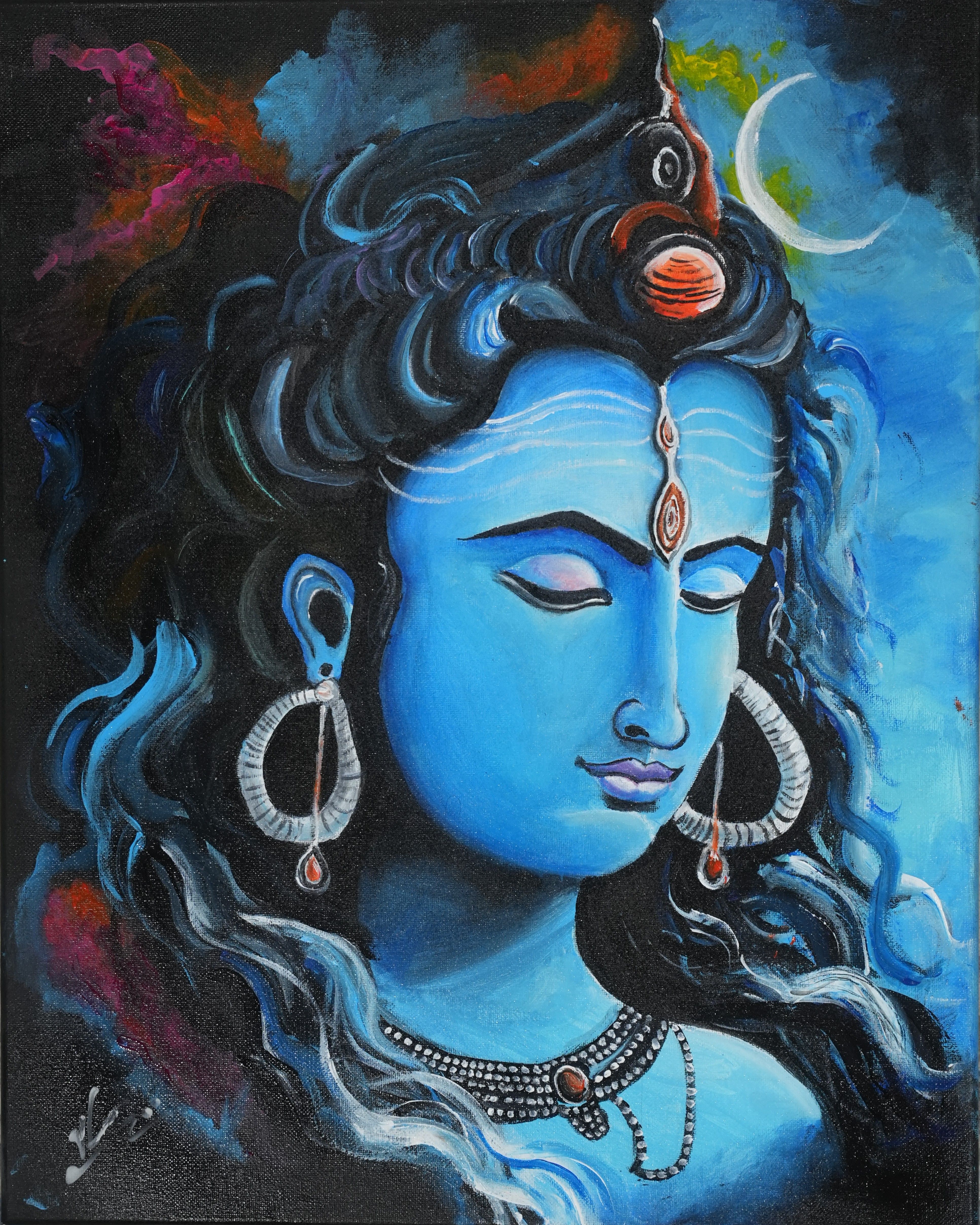 Colorful painting of Shiva with a blue face and crescent moon.